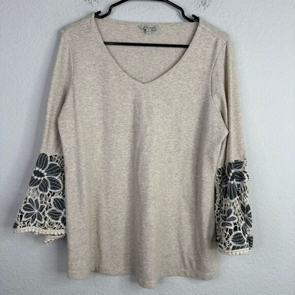 John Mark Shirt Womens Small Brown V Neck Crochet Bell Sleeve Boho Casual Blouse